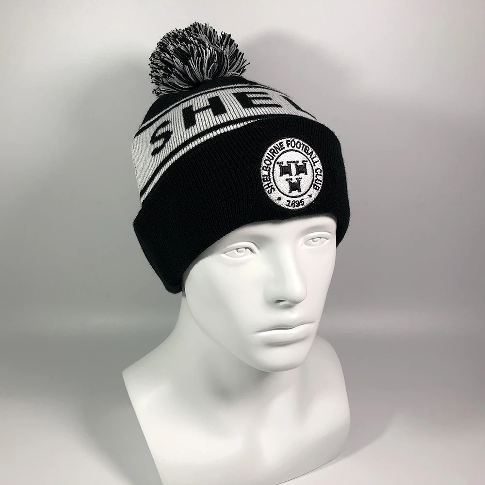 Custom jacquard stripe pom pom winter hats Unisex high quality sports college name embroidered toques Adult designer beanies men