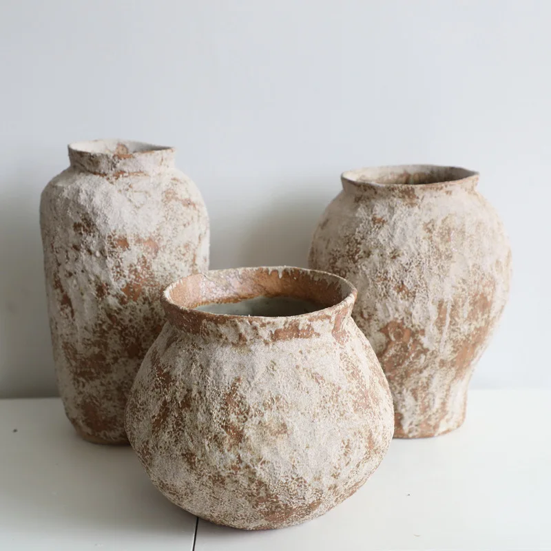 Rustic Handcrafted Vintage Clay Vase in Brown and White with No Handles