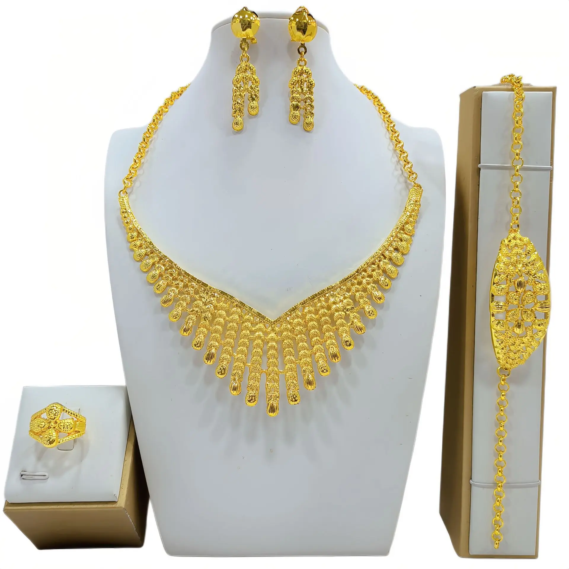 Dubai Gold Plated Jewelry Set Women Necklace Bracelet Earrings Ring Middle East Wedding Fashion Jewelry Sets