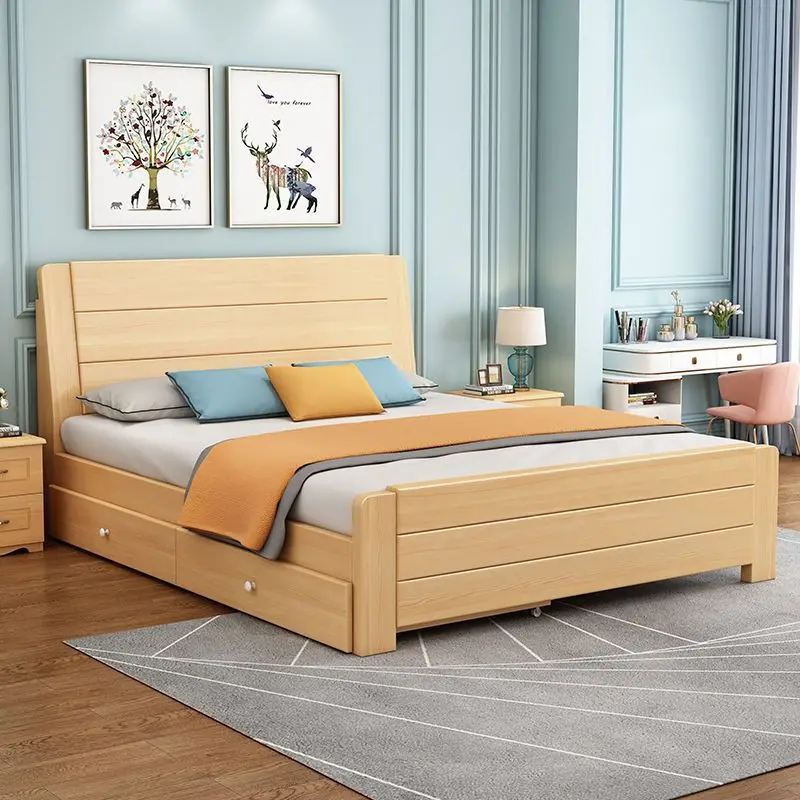 Simple modern solid wood oak double bed queen size bed black walnut solid wood color optional bed frame luxury hotel furniture