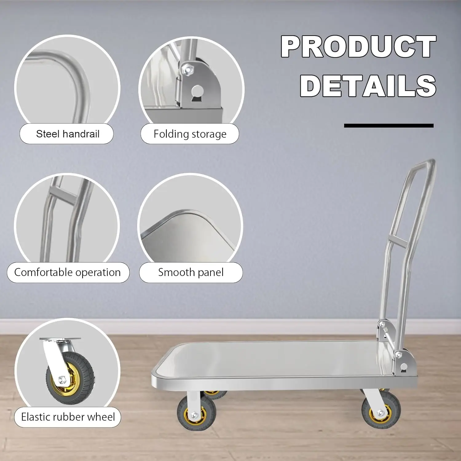 Stainless steel Trolley Heavy Duty Platform Truck Moving Flatbed Cart Multi-size Dolly Cart Utility Cart with Wheels