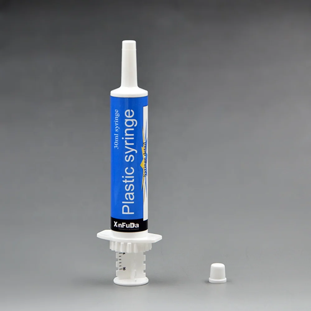 custom color white plastic disposable 30ml dosage horse medicine packaging syringe bottle with sealing cap from china supplier