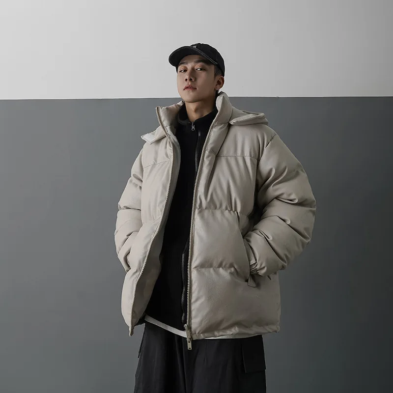 JY043 2022 winter new coats men hooded PU puffer jackets stand collar padded down jacket
