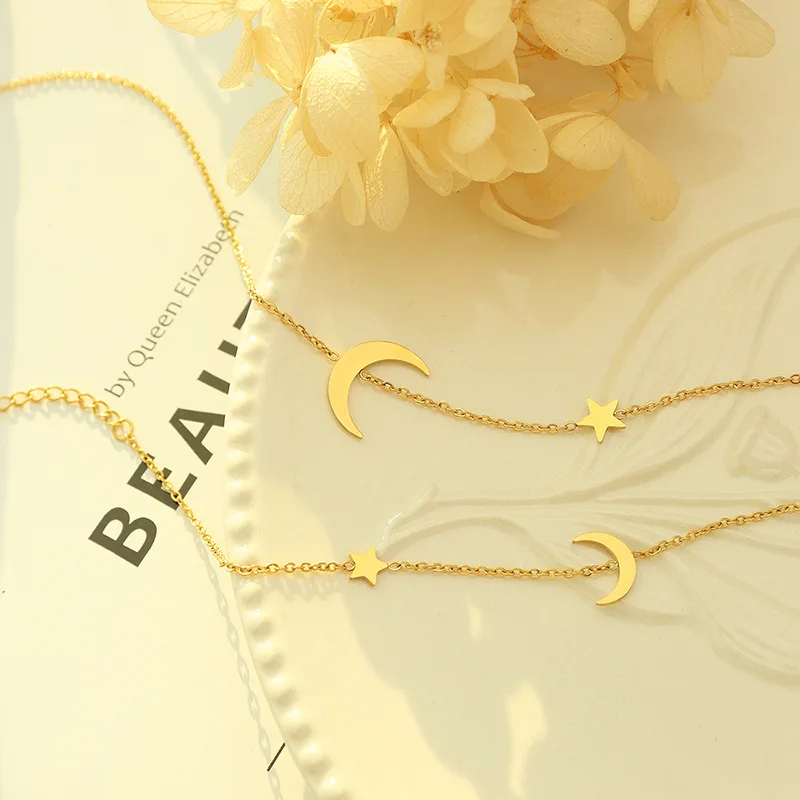 18K Gold Plated Stainless Steel Jewelry Set Star & Moon Charm Bracelets Necklace