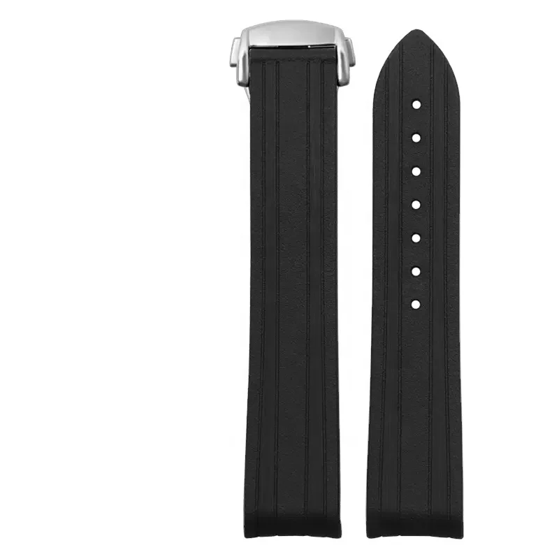 High quality soft navy blue curved end folding butterfly clasp 20mm rubber silicone watch band for omega watch strap