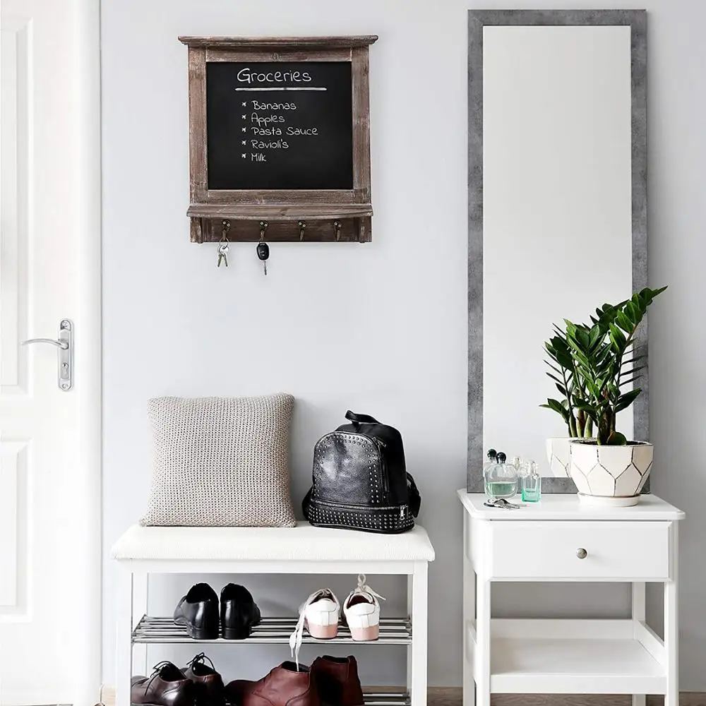
Wall Mounted Country Brown Rustic Wood Framed Memo Black Chalkboard with 4 Hooks for Keys 