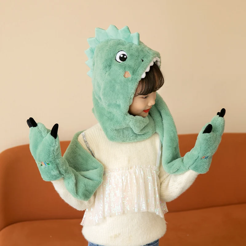 Cute animal thermal children hoodie beanie warm fur hat winter kids hat scarf and gloves set