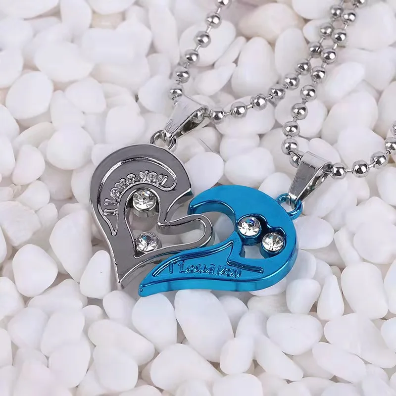 Hot Sale Couple Crystal Heart  Necklace 2pc Pair of Two Tone Heart Pendant Jewelry Necklace For Lovers