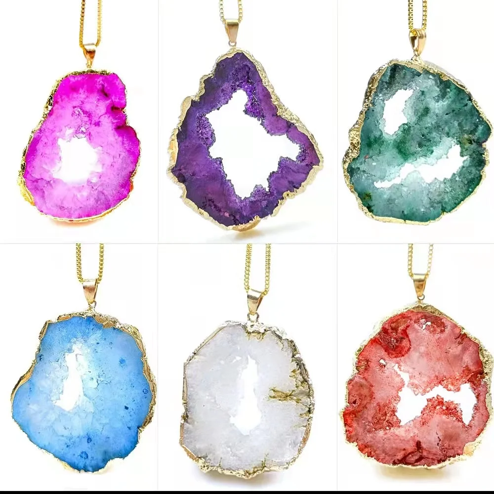 High Quality Wholesale natural gemstone crystal agate slice pendant with druzy necklace DIY islamic gift