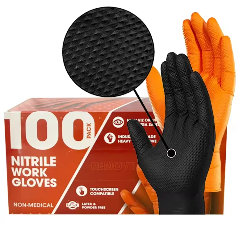 10mil durable black orange heavy duty thick mechanic durable car repair industrial machine latex free diamond nitrile gloves