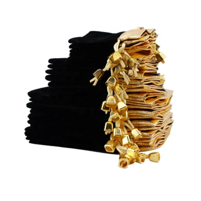
50pcs/Lot Black Velvet Pouches Lint Bag Jewelry Pouches Golden Top Drawstring Velvet Bag 