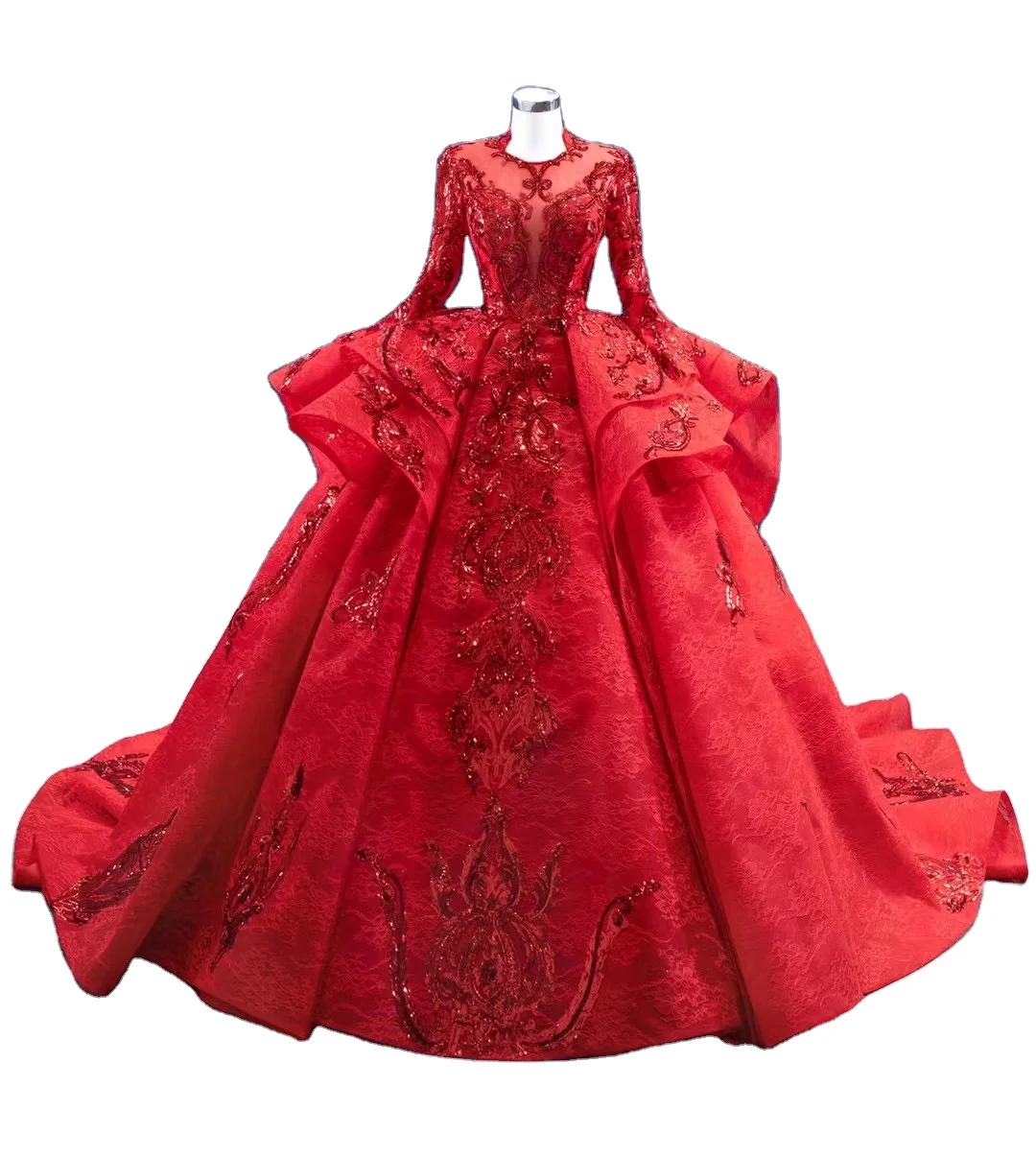 Feishiluo Red Wholesale Muslim bridal ball gowns heavy bead lace ball gowns luxury dress wedding dress