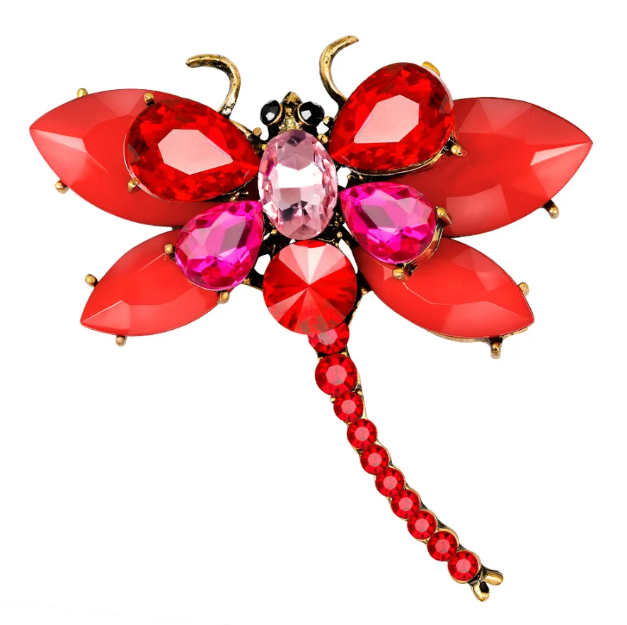 
Amazon Hot selling fashion tempered alloy rhinestone glass crystal awesome colored gemstone insect dragonfly brooch for women 