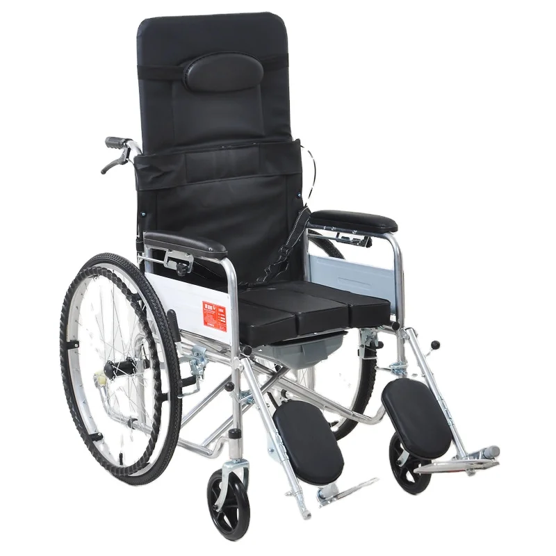 Hot Selling Light Weight Folding Reclining Manual Wheel Chair Antiskid Armrest Stainless Steel Reclining Wheelchair With Commode