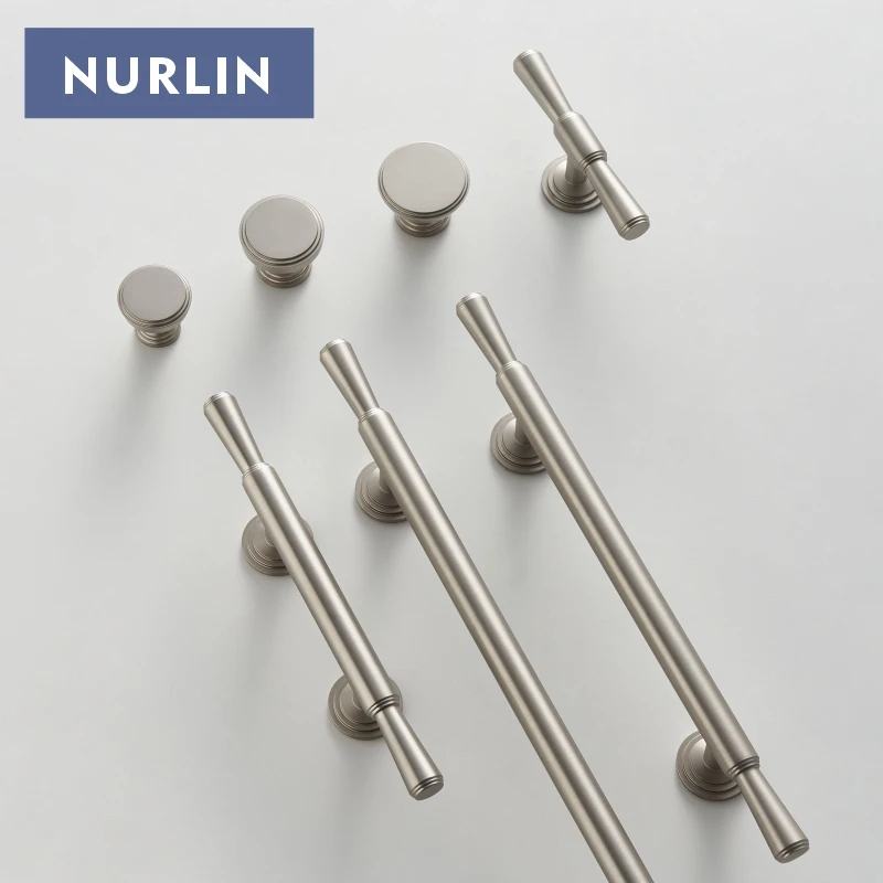 Nurlin Solid Brass Nickel Brushed Luxurious Silver French Modern Cabinet Handles Tbar Wardrobe Knobs