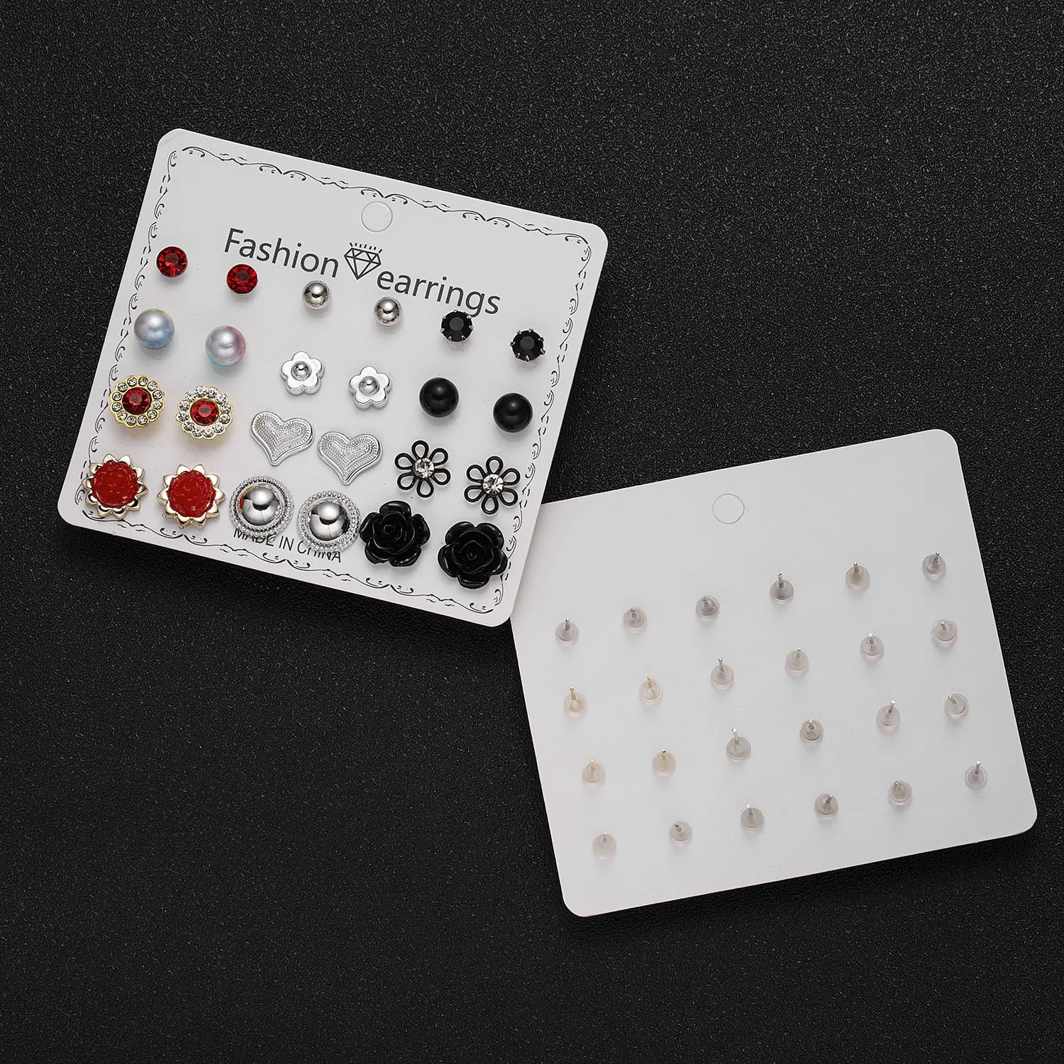 wholesale fashion jewelry 12 pairs/set love flower rhinestone pearl earrings set for women