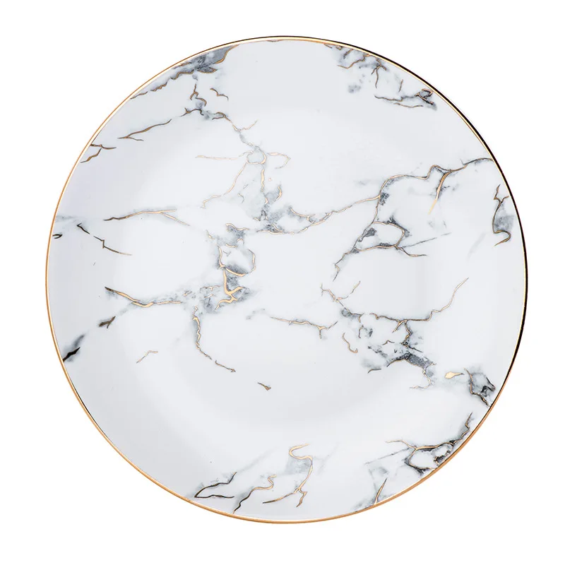 Marble Patterned Plate, Nordic Ceramic Food Container Porcelain Tableware   10 Inch Nordic Style Round Plate Dish