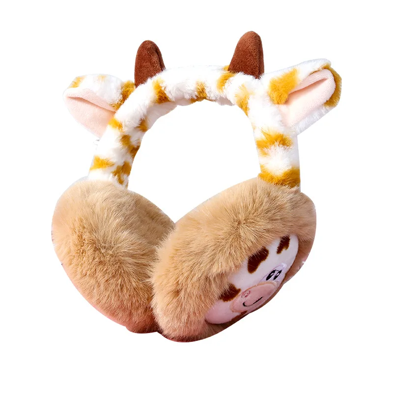 Горячая Распродажа, дизайнерские пушистые милые наушники с коровьим рисунком, Зимние теплые наушники из искусственного меха