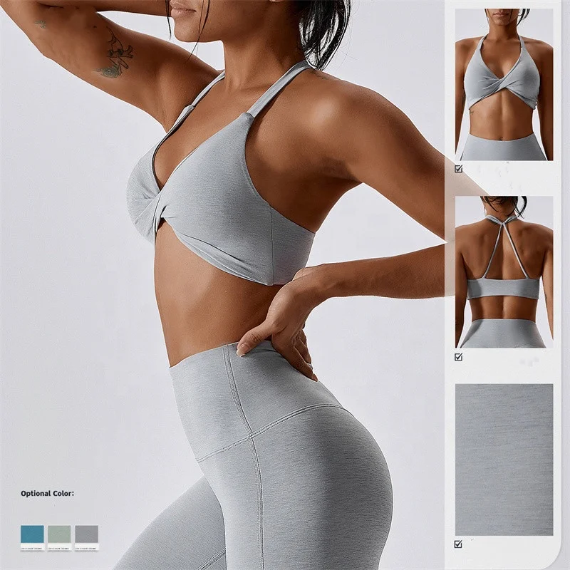 OEM Sportswear Custom Logo New Arrival Women Padded Nude Yoga Hanging Neck Twisted  Bra Fitness Sexy Blank Sports Bra For Women