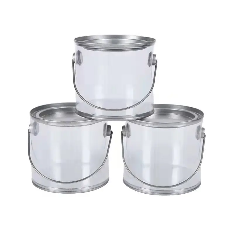 Clear Plastic PVC Packaging Paint Tin Bucket With Metal Lid and  Handle