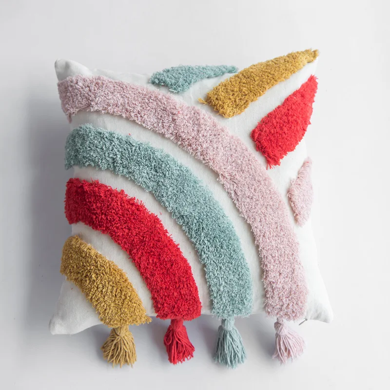 New Arrival Macaron Color Stripe Rainbow Tufted Decorative Custom Pillow Cover Terylene Cotton Cushion Case with Tassels