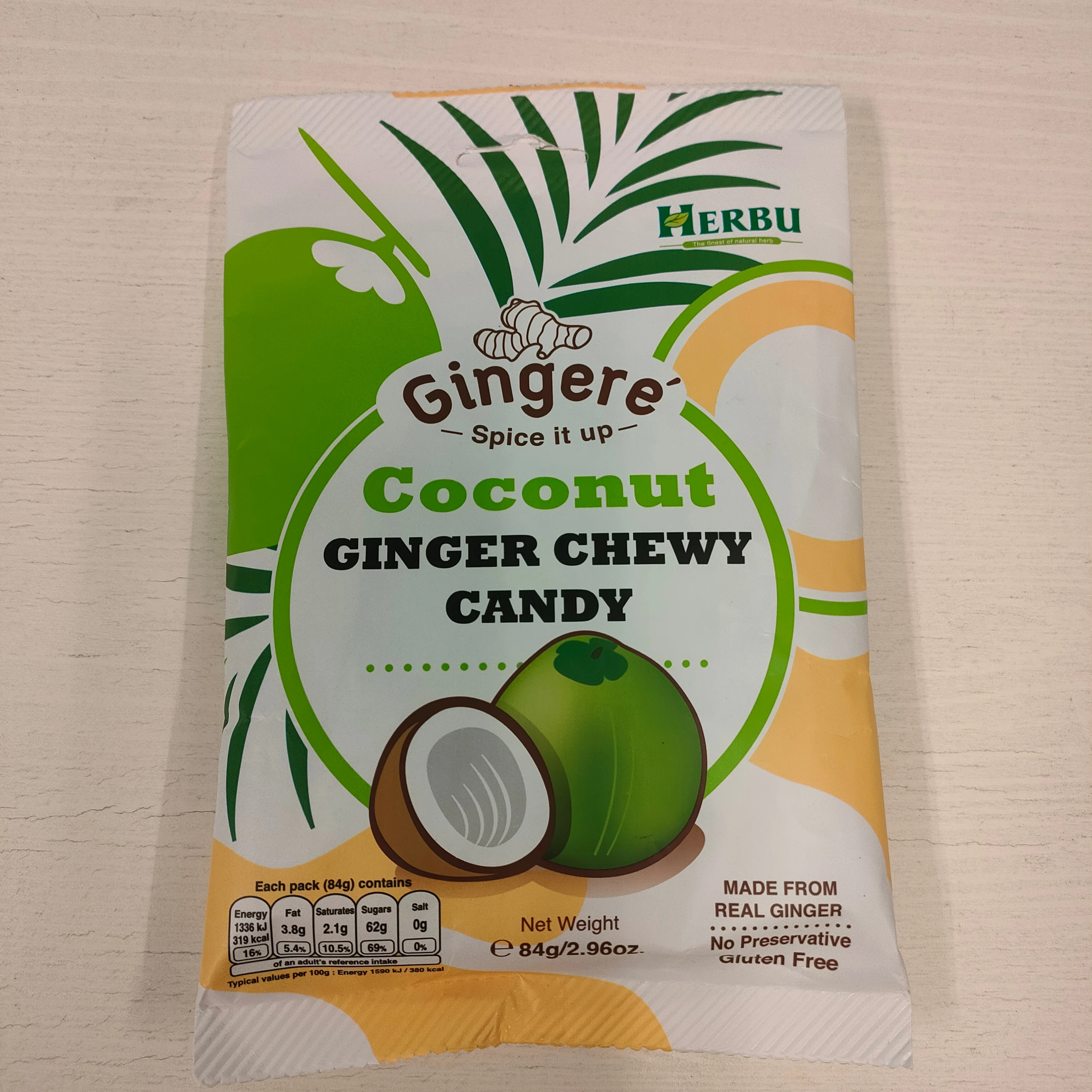 84g Gingere Coconut Ginger Chewy Candy  Soft Candy Series Sugary Candy  No Preservative and Gluten Halal Kosher Soft Candy