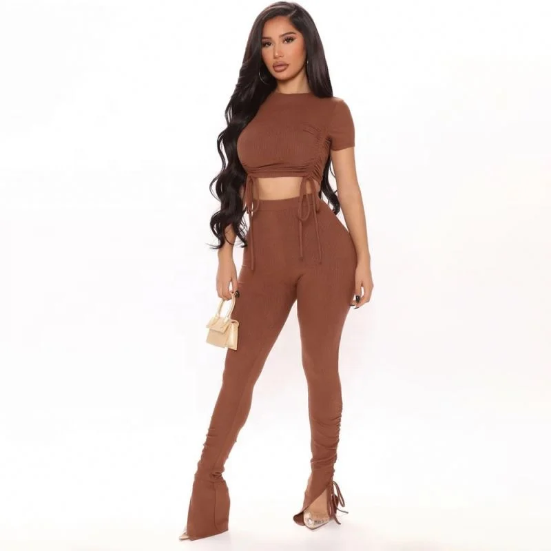 Summer 2022 Custom Logo Clothing Sets Pleated Lace-Up Crop Tops Jogger Set For Women Two Piece Pants Sets