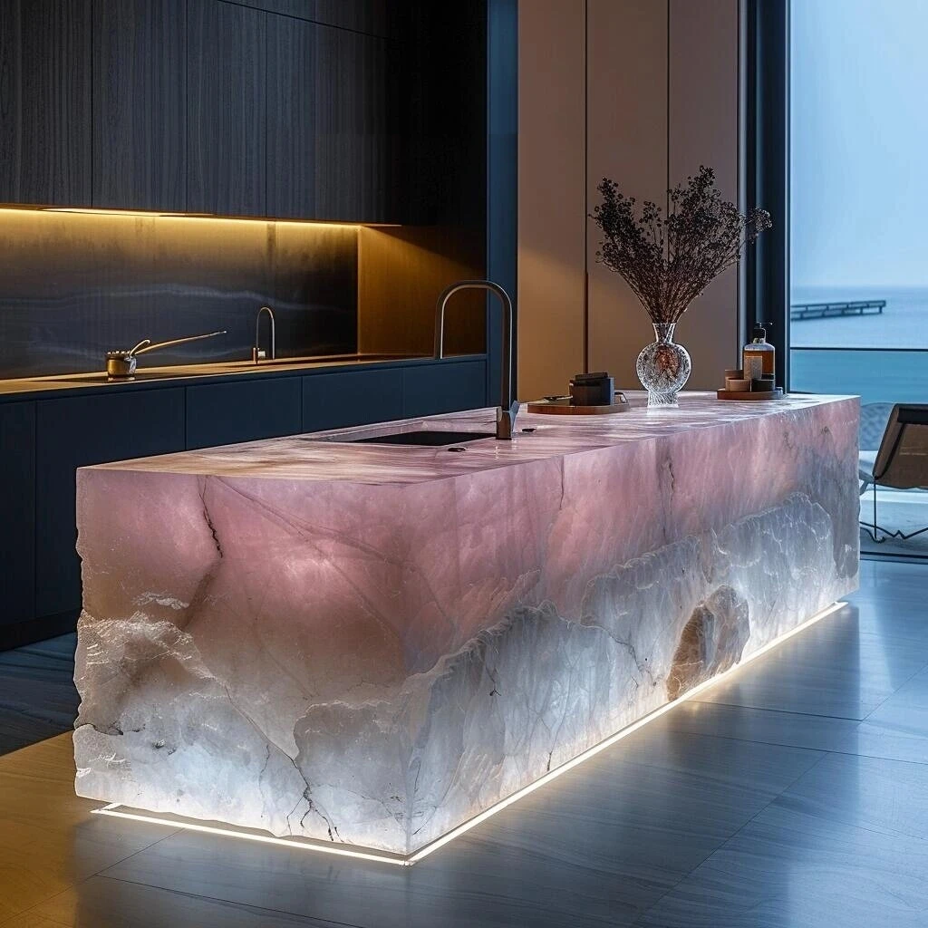 Modern Design Glow Jade Stone Kitchen Island Countertop Natural and Artificial Quartz Polished Surface for Home Hotel Use