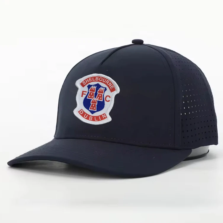 Wholesale Custom 6 Panel Polyester Flat Brim Hat embroidery patch Gorras High Quality Laser Cut Hole Woven Patch Snapback Cap