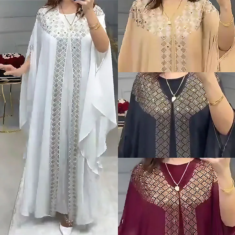 Long Gown Beads Chiffon Heavy Duty Hot Diamond Muslims Stylish Abaya Dresses Robe Muslim Ethnic Caftan Arabic Burka Design