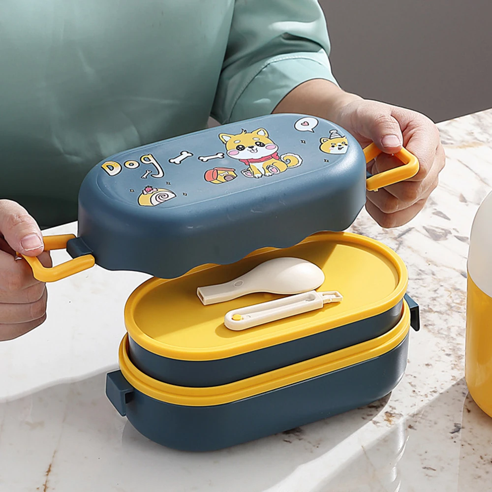 Cartoon Design Lunch Box for Kids School Children Plastic Bento Lunchbox 2-Layer Students Lunch Box with Spoon 850ml
