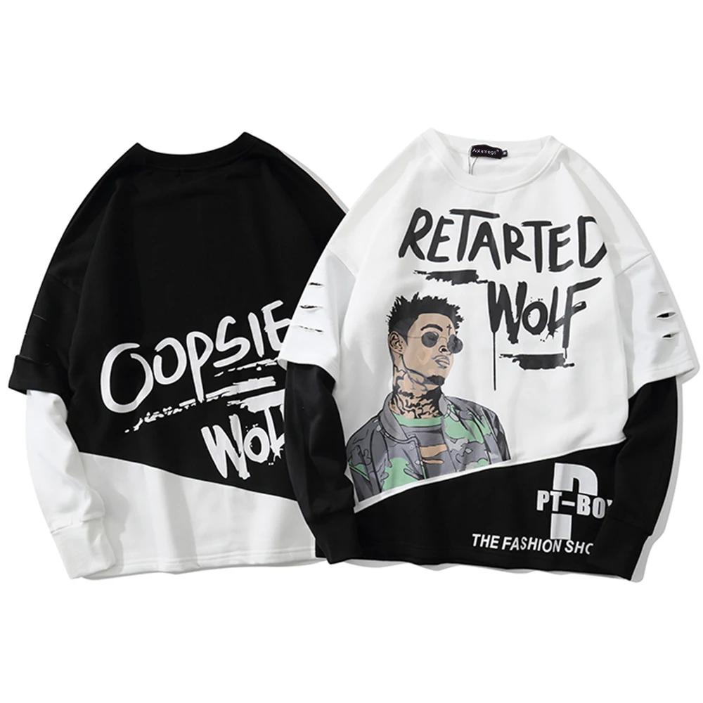 Hip Hop Fashion Boy Print Broken Hole Sweatshirt Streetwear Men Fake 2 Pieces O-Neck Casual Cargo High Street Pullover