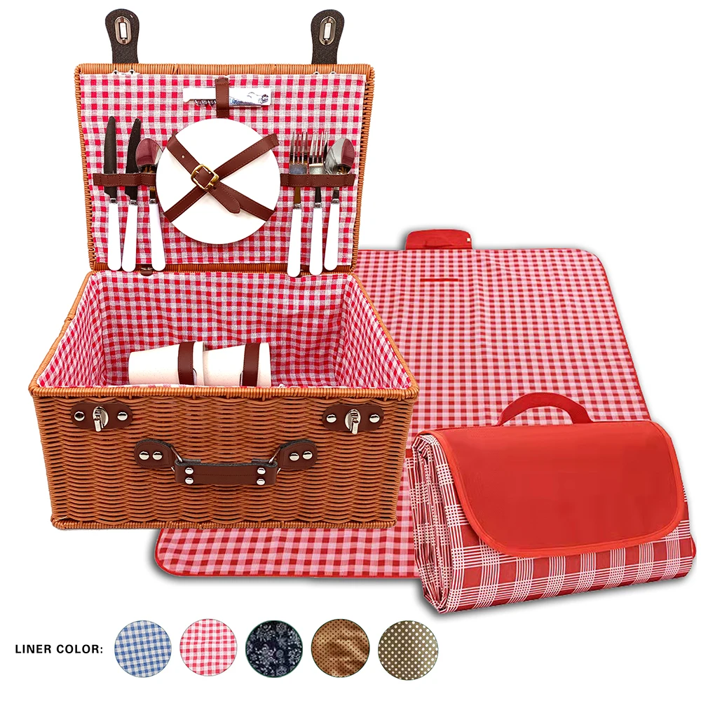 Wholesale OEM outdoor Camping handmade wooden basket rattan basket picnic basket with wood lid square shape