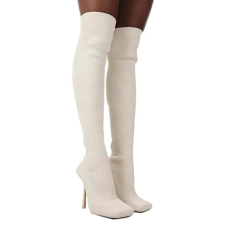 Custom colors knit stretchy ladies high heel long boots square toe thigh fit women thing high boots