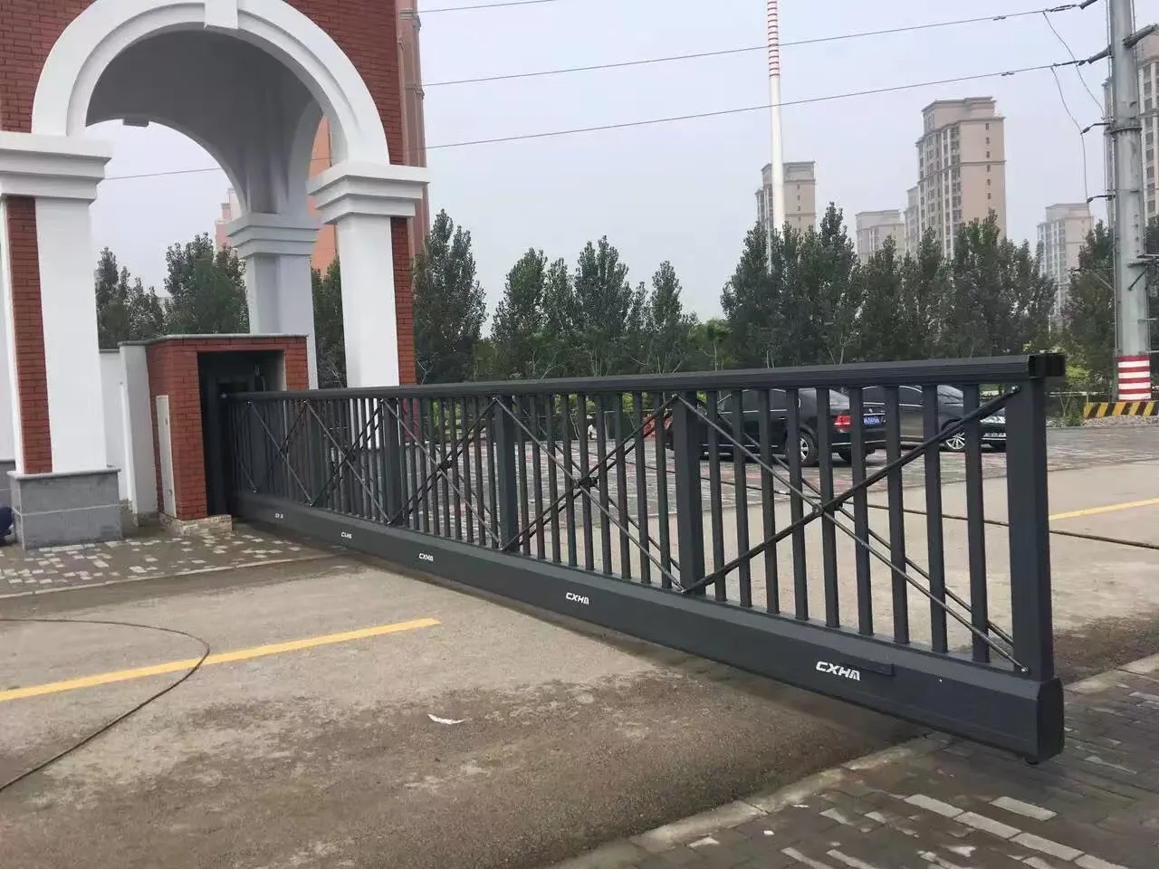 steel welded main gate railing simple design in pakistan iron mesh fence gate with control board photocell pass system