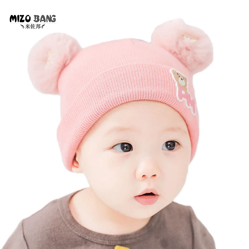 Double ball applique bear hat kids winter hats,100% Cotton knit warm winter hats for kids