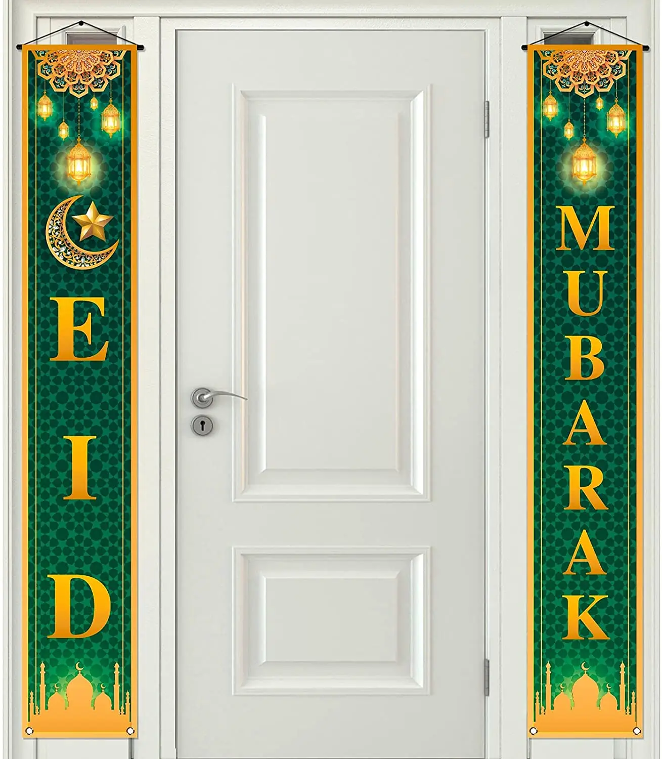 Green Eid Mubarak Porch Banner Mosque Islamic Holiday Iftar Party Front Door Sign Decoration Supply