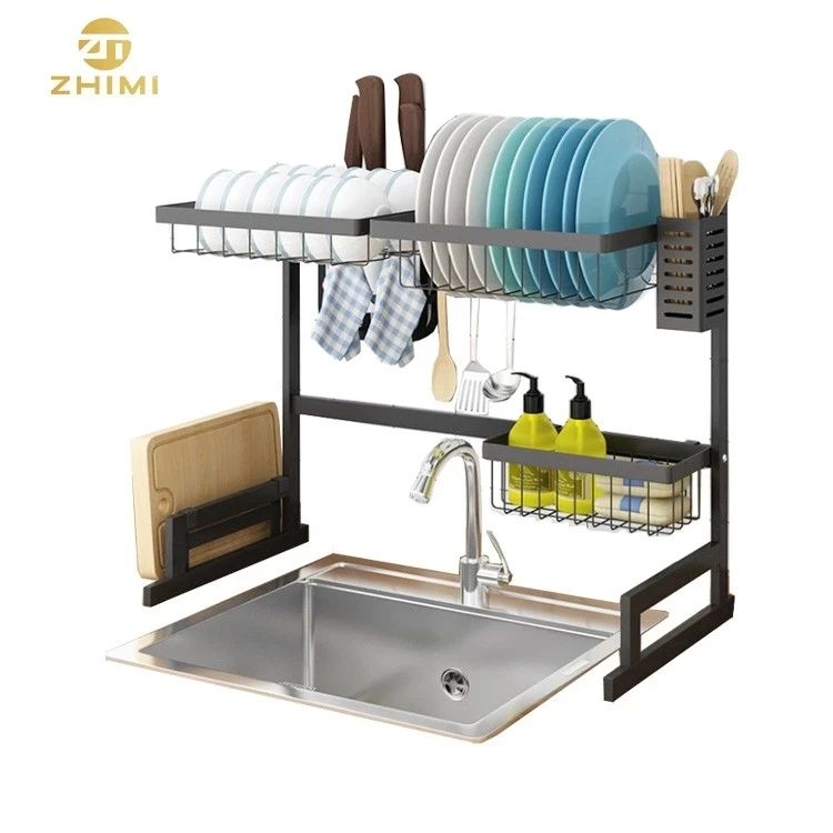 
Factory Hot Sale 2 Tiers Black Stainless Steel Home Kitchen Plate Drying Storage 65cm Over Sink Dish Drainer Rack 