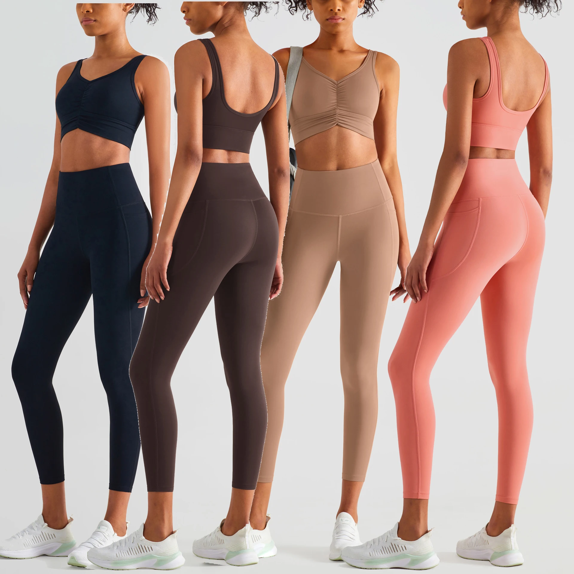 YIYI Front Scrunch High Impact Sport Bra And Panty Set For Women With Pockets Leggings Sets For Women Fitness Apparel