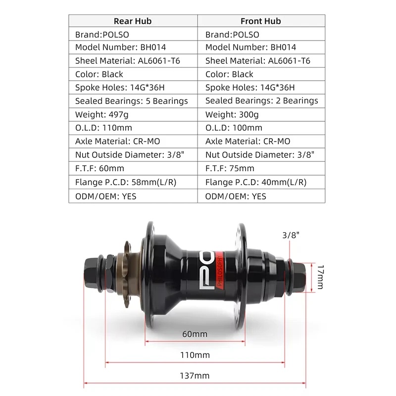 BMX Hub BH014 100x3/8 110x3/8 BMX Front Rear Hub