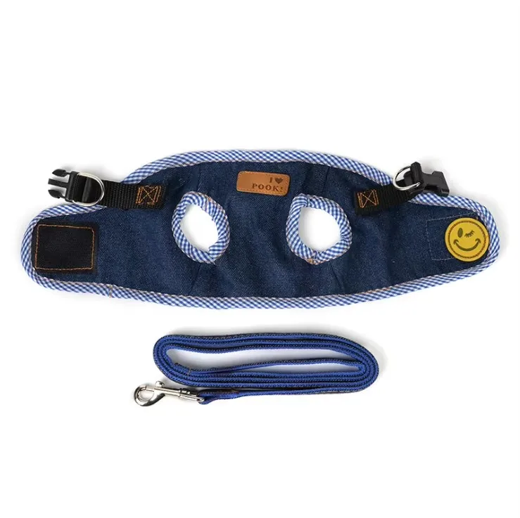 cute soft comfortable sky blue cowboy denim canvas jean style dog pet chest vest back harness with traction belt leashes set