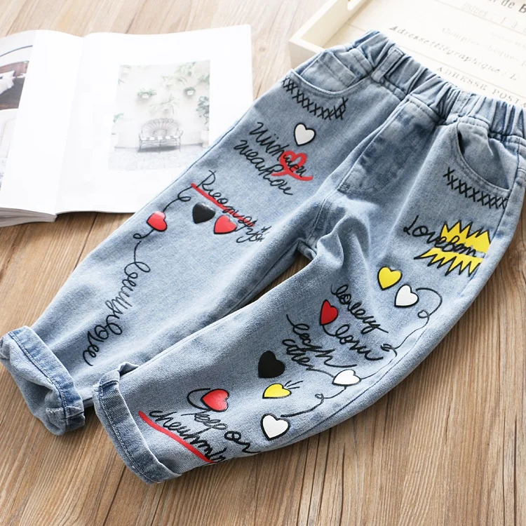2020 Girls Jeans New Korean Youth Embroidered Jeans Print Heart Shaped Fashion Jeans Girls Clothing