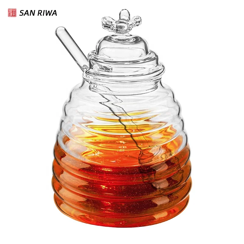 Honey Jar with Dipper and Lid Glass Honey Bee Pot Container Dispenser for Home Kitchen New glass lid and stirring rod