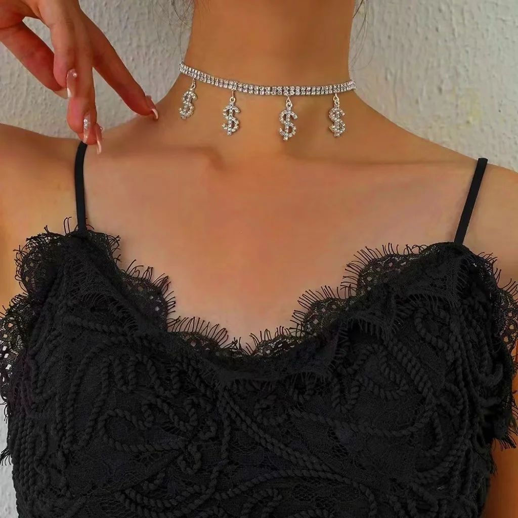 PJ-M074 Women Dainty Adjustable Non-fading  Crystal Rhinestone Dollar Sign Pendant Necklace for Women