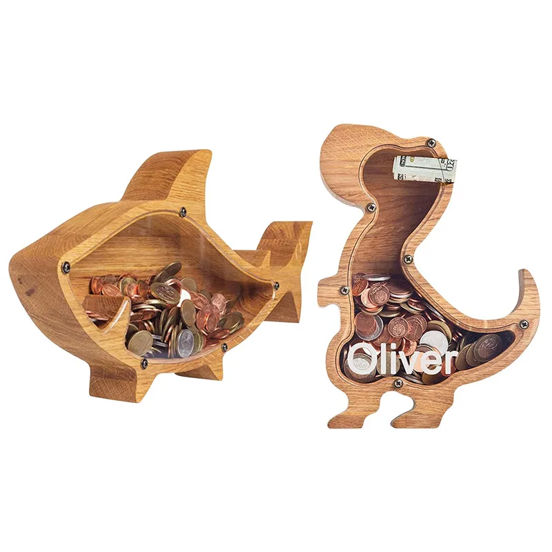 Cat Dog Dinosaur Animals Shaped Wooden Piggy Bank For Kids Children Large Coins