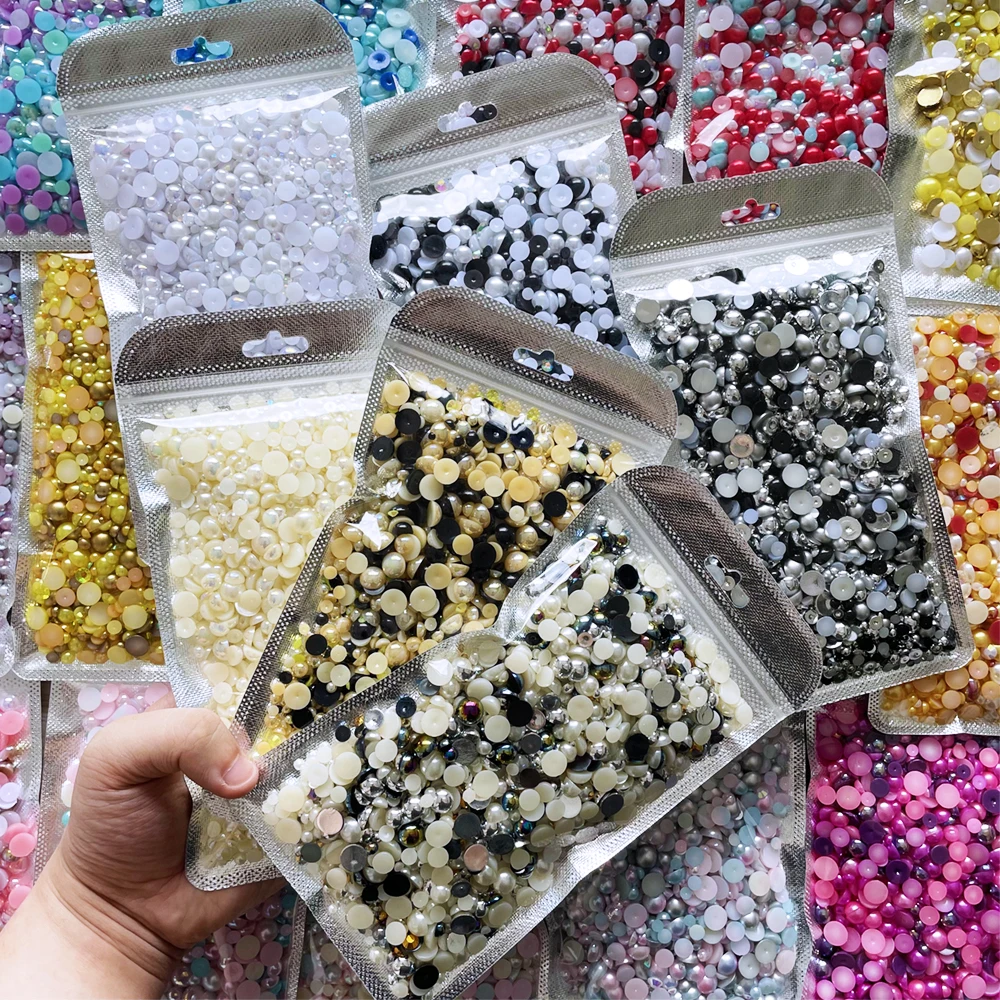 Factory wholesale price Mix Sizes Green Mix Half Round Flat Back Pearls Resin Rhinestones For Handmade DIY Decoration
