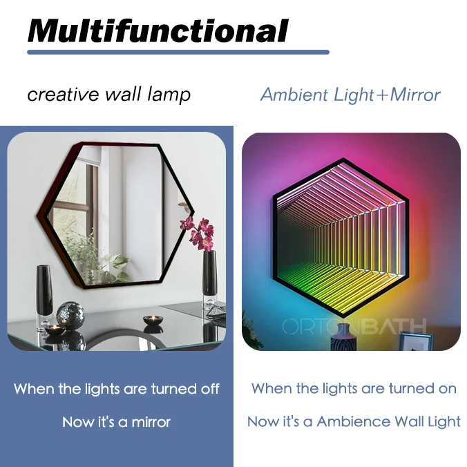 ORTONBATH Mirror Remote Control LED Infinity Wall Mirror Frame with Multi Color Changing Light LED Octagon Tunnel Mirror