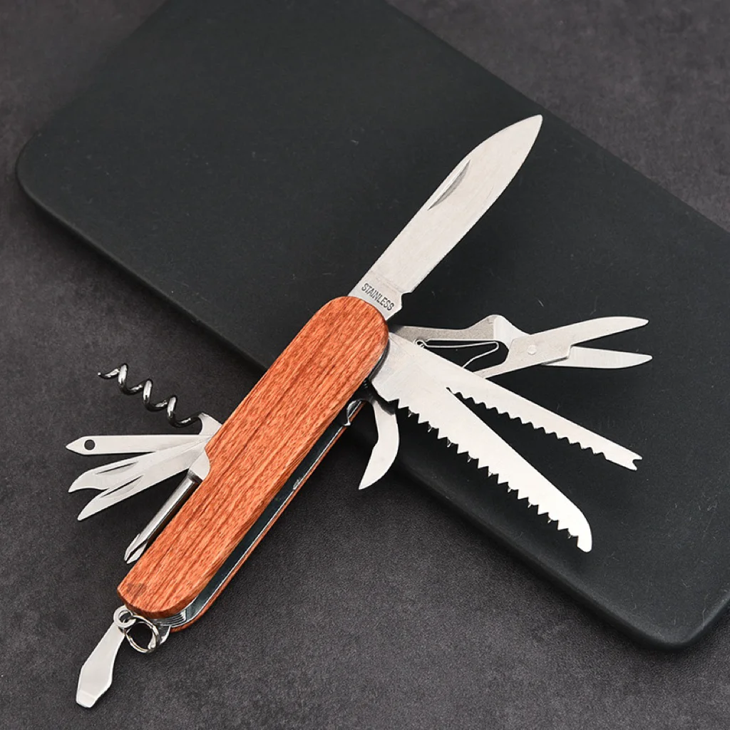 11 Open stainless steel multifunctional folding Swiss tool with wooden handle camping knife opener tool
