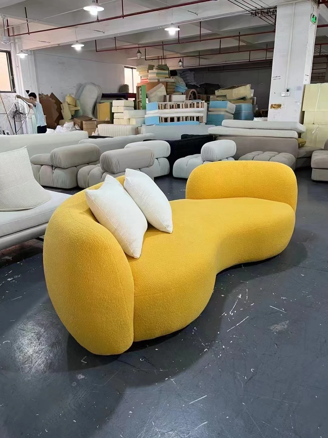 Modern European French Comfortable Curve Couch Faux Sheepskin Shearling Teddy Fabric Big Sofa 250