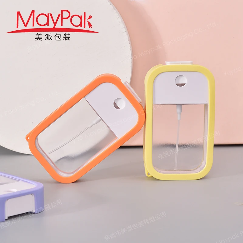 Low MOQ 45ml empty plastic hand sanitizer credit card mist spray bottle with silicone case and keychain